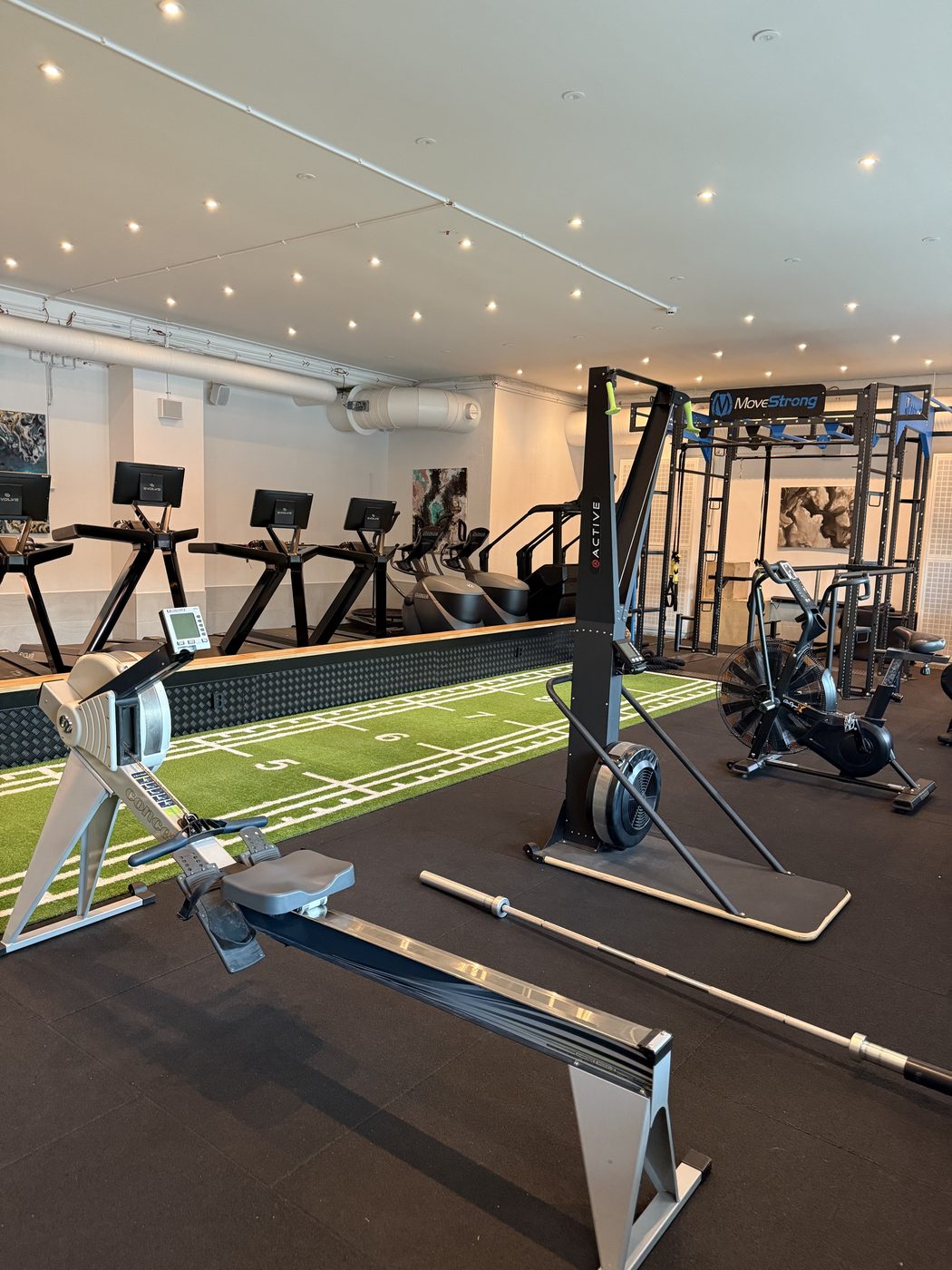 Cardioavdelning med löpband, roddmaskin och konstgräs
